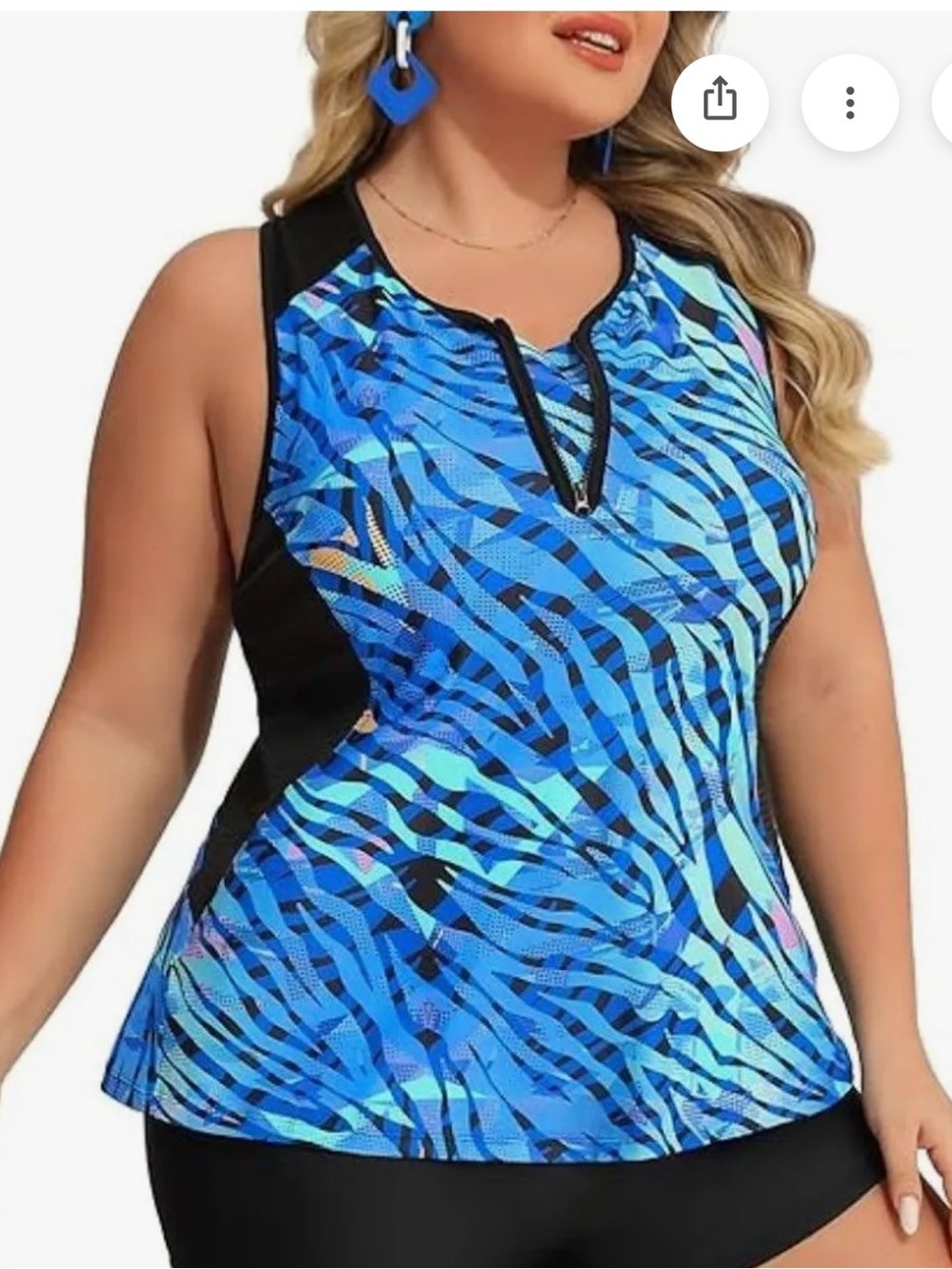 Plus Size Blue Wave Print Tankini Sleeveless Swim Top with Zip Keyhole